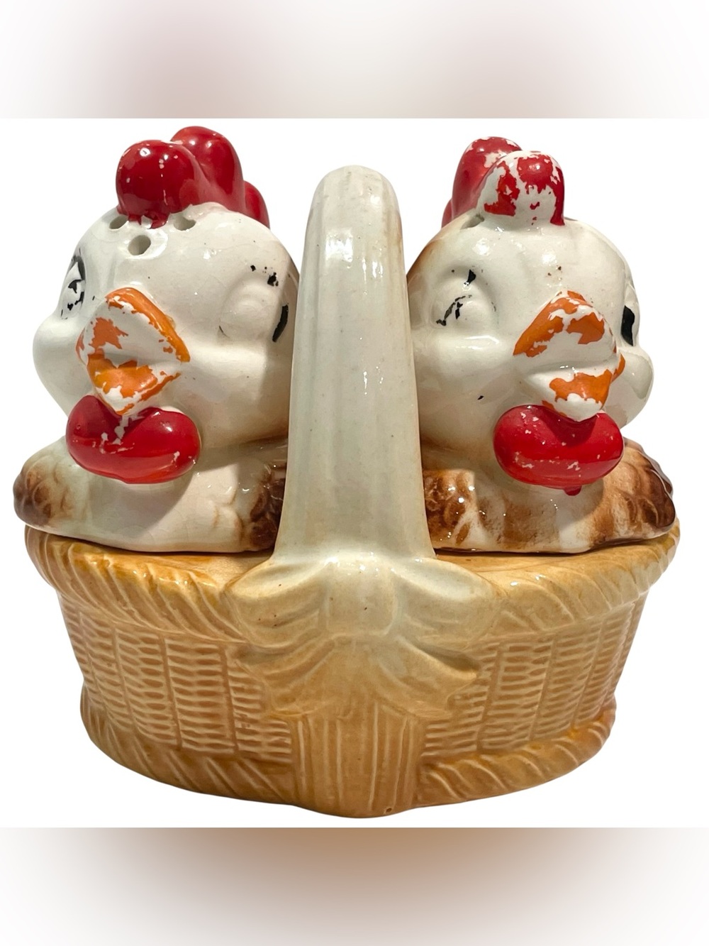 Vintage 1950s Kitschy Chickens In Basket Ceramic Salt and Pepper Shaker Set